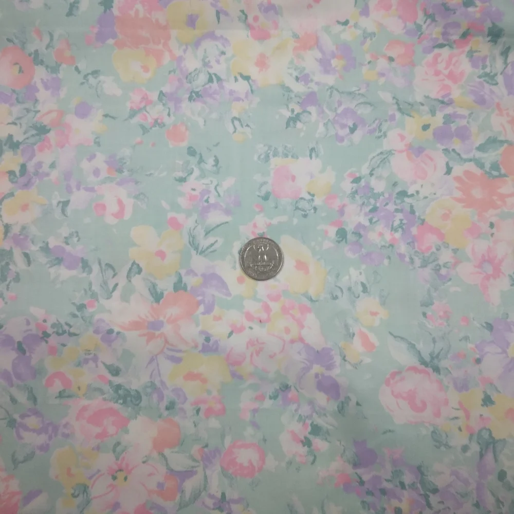 FABRIC Impressionist Pastel Florals On Beautiful Green Background, 4 Yards